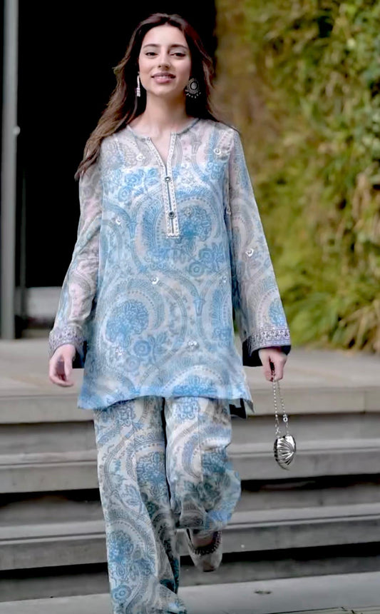 Designer Party Wear Look Pur Cifon Georgette Top & Farshi Palazzo With Dupatta Set