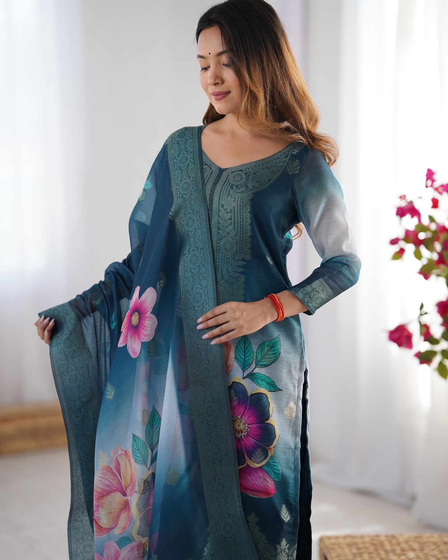 Blue Color Beautiful Chanderi Silk FAbric Dress