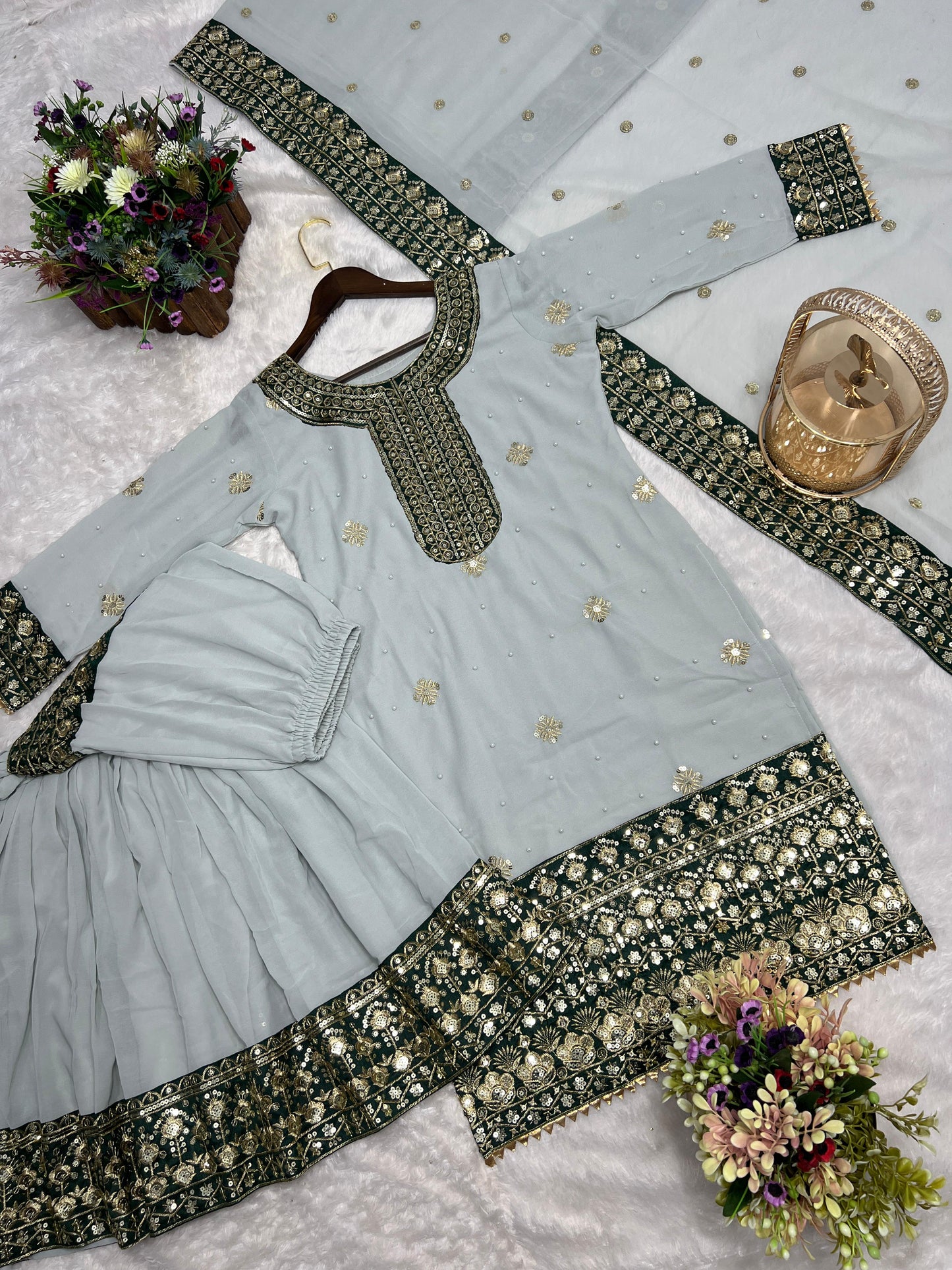 Ready To Wear Collection 3 Piece Trending Fancy Kurti With Beautiful Sharara And Dupatta