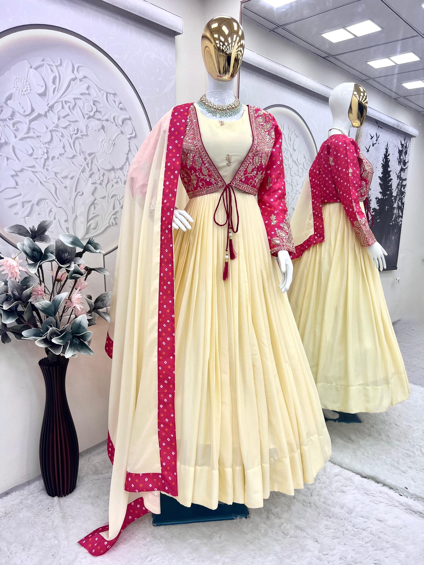 Designer Partywear Gown with koti in chinon silk fabric