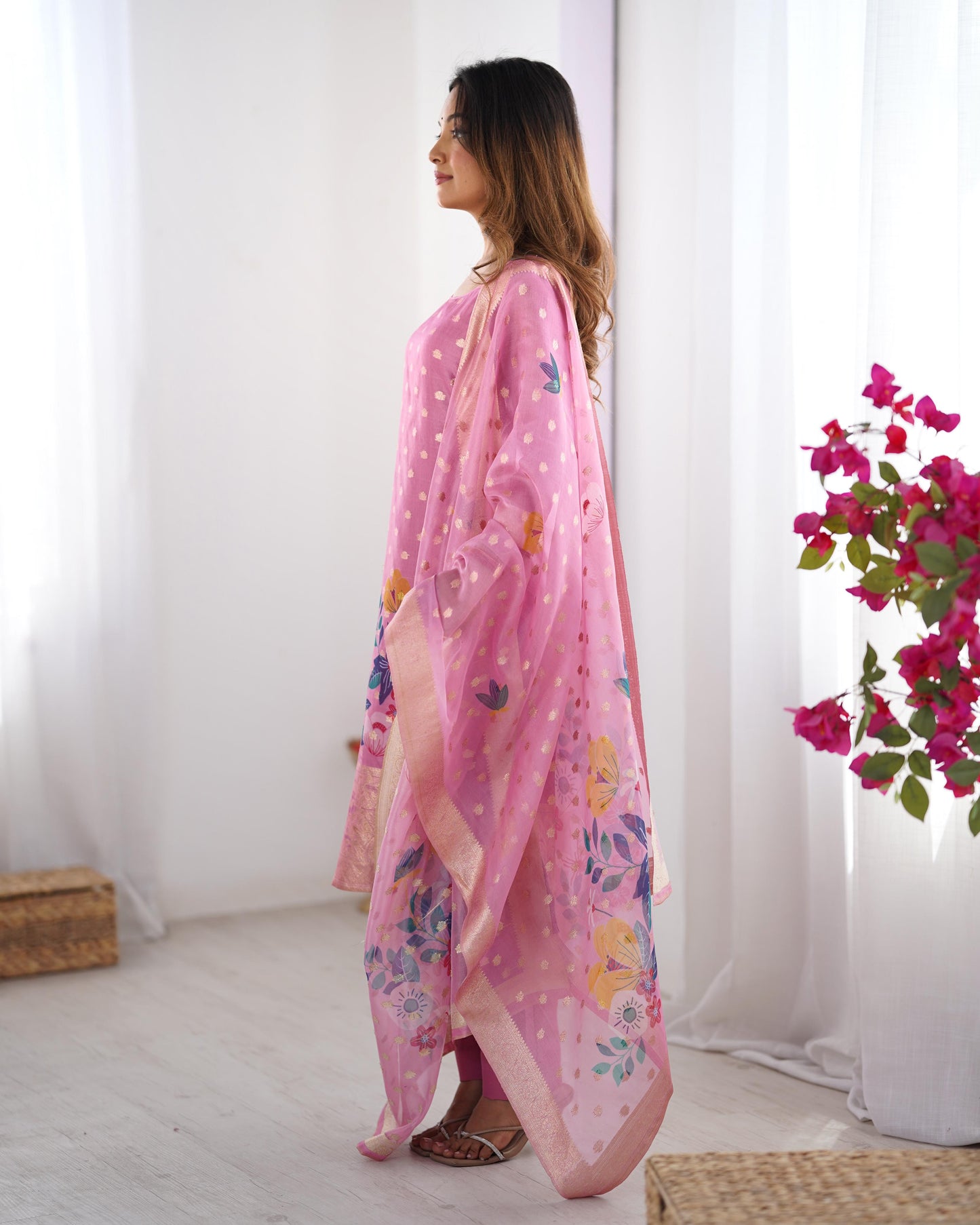 Pink Color Beautiful Chanderi Silk FAbric Dress