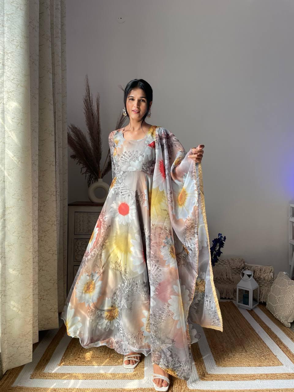 Party Wear Look Organza Taby Silk Gown With Dupatta Pant