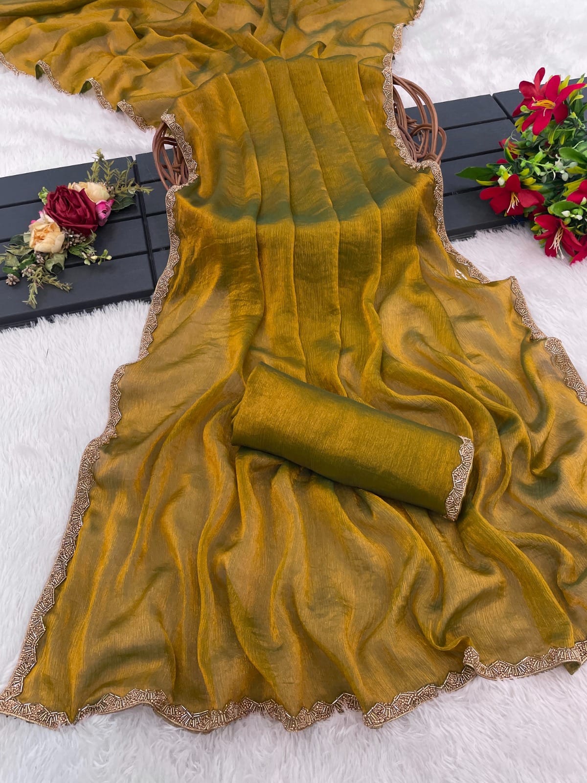 Golden Color Beautiful Partywear Saree