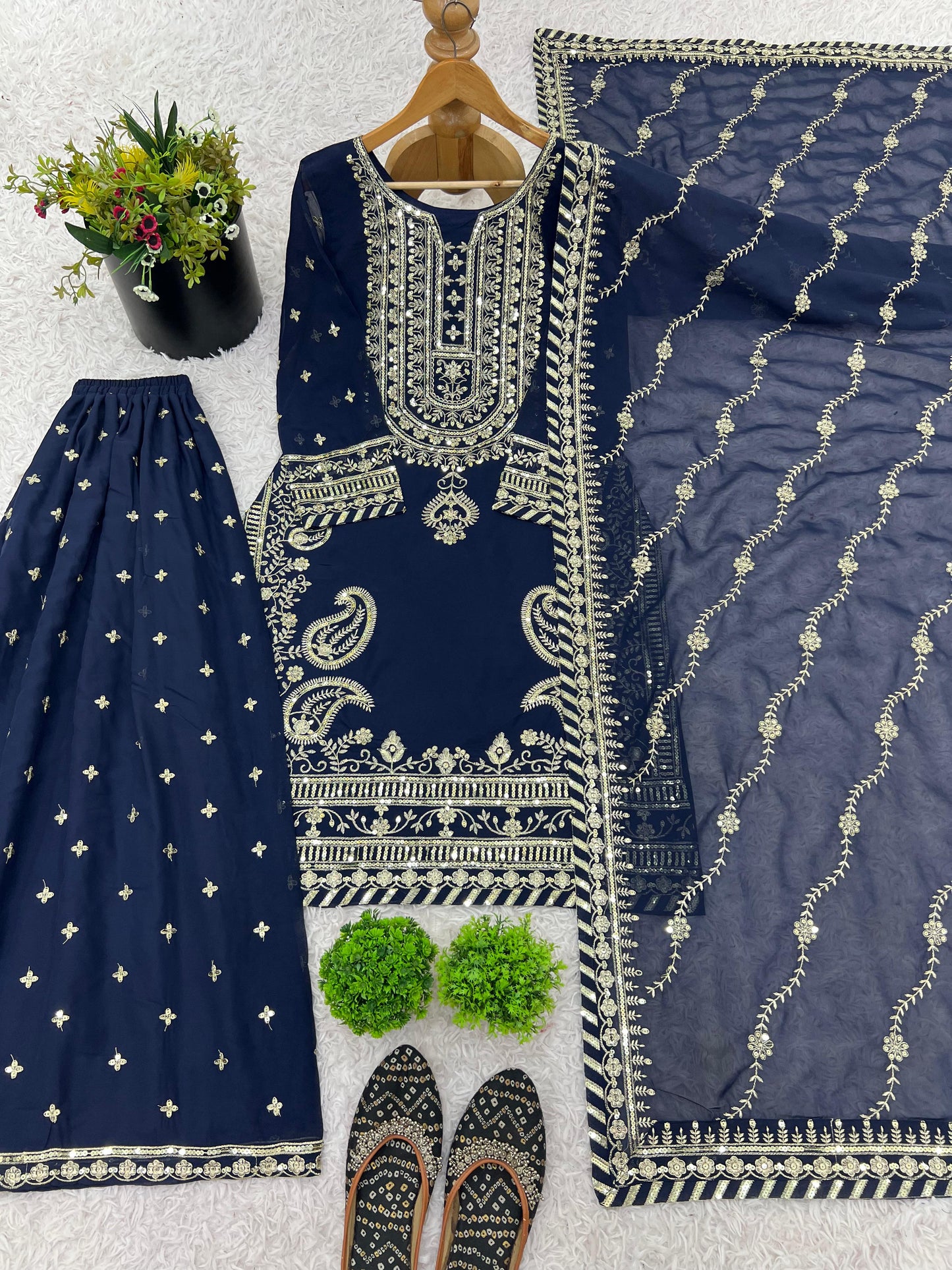 Navy BLue Color Embroidery Sequence Work Top-Sharara And Dupatta Set Fully Stitched