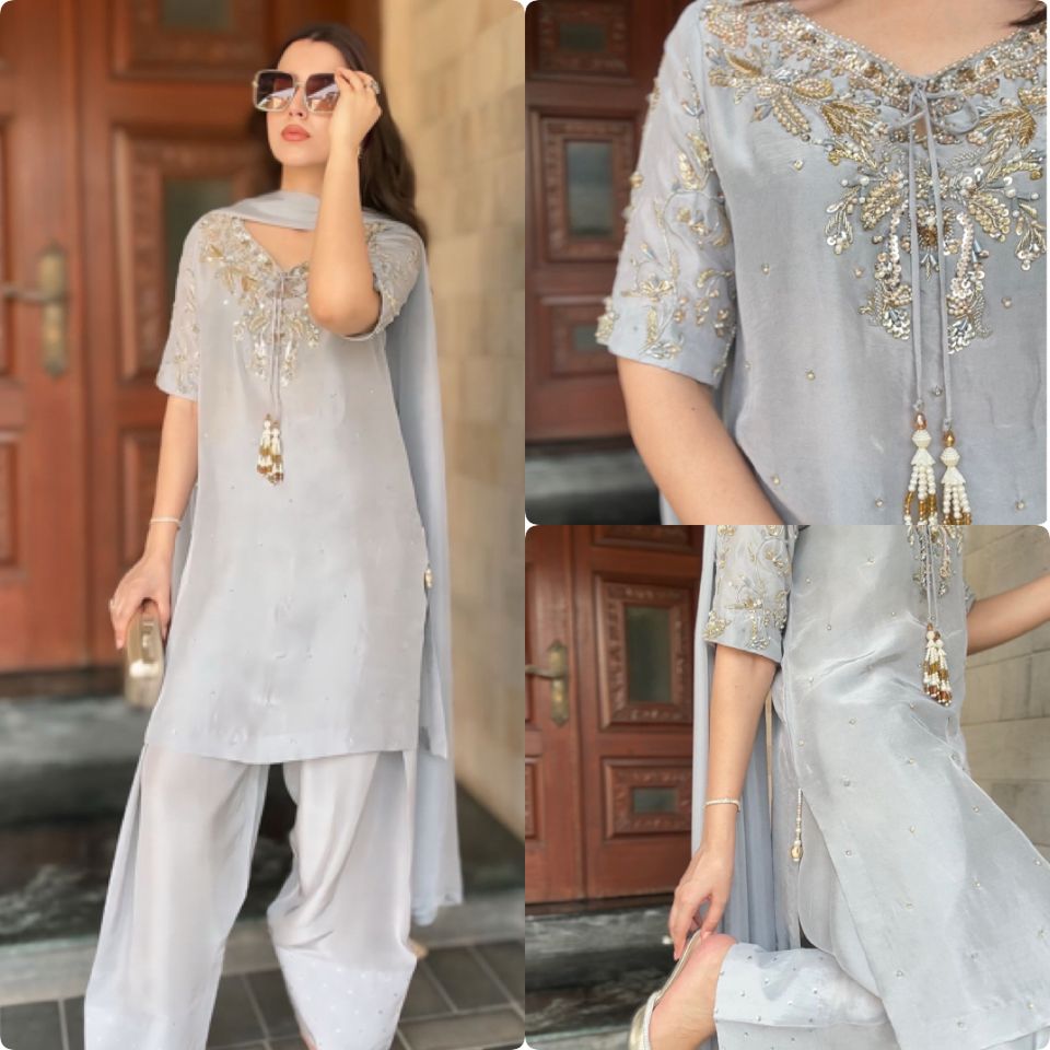 Party Wear Look Pur Natural Crepe Top & Farshi Palazzo With Dupatta Set
