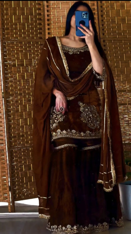 designer party wear look top sharara plazzo and dupatta