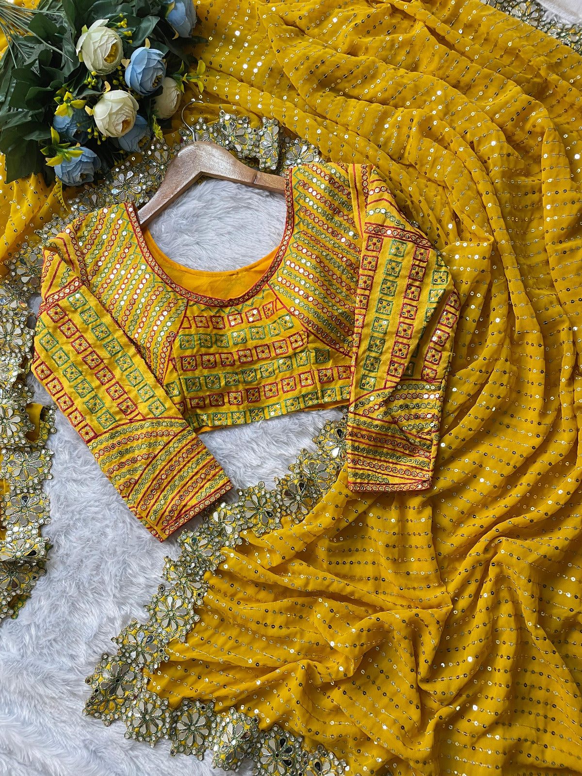 Yellow Color Beautful Partywear Sequence Saree in Georgette Fabric