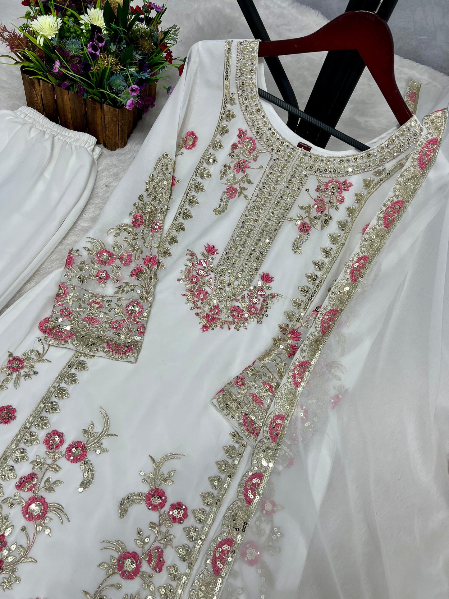 White color 3 Piece Stylish Kurti Dupatta With Beautiful Plazzo