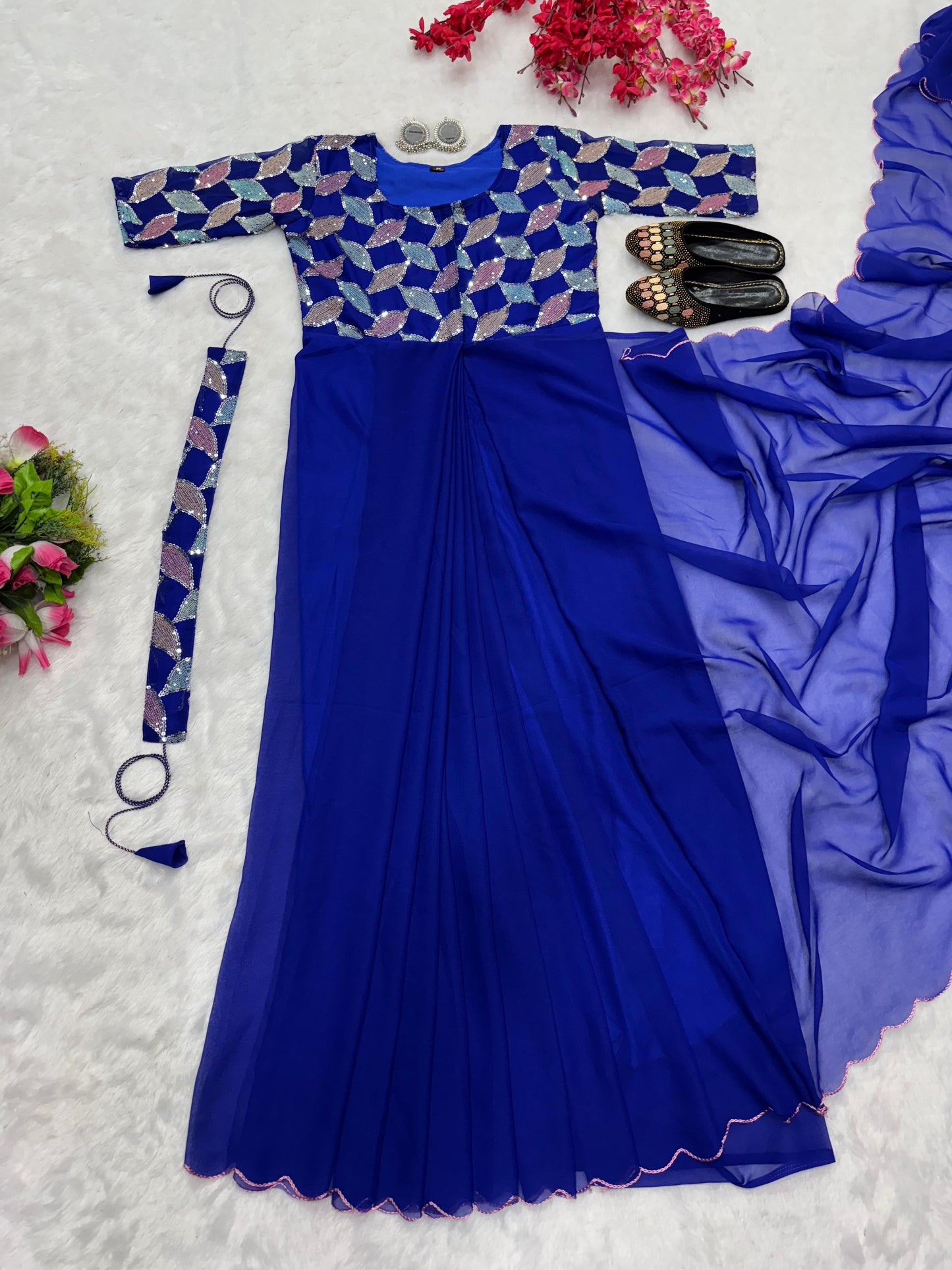 blue color beautiful trending zip nd go embroidery saree