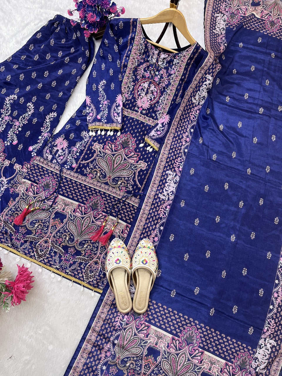 designer wear trending top with printed work with hand work with plazo and dupatta set