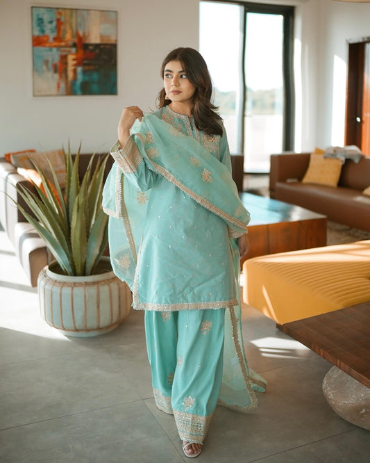 Designer Party Wear Look Pur Natural Crepe Top & Farshi Palazzo With Dupatta Set