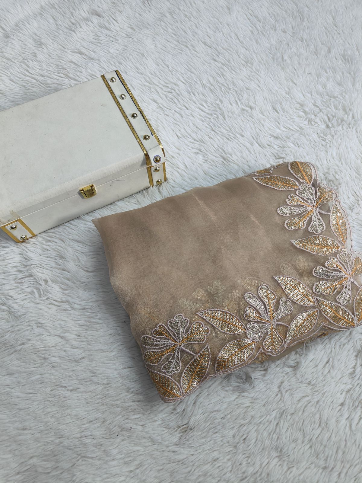 Beautiful White Cream color organza silk saree
