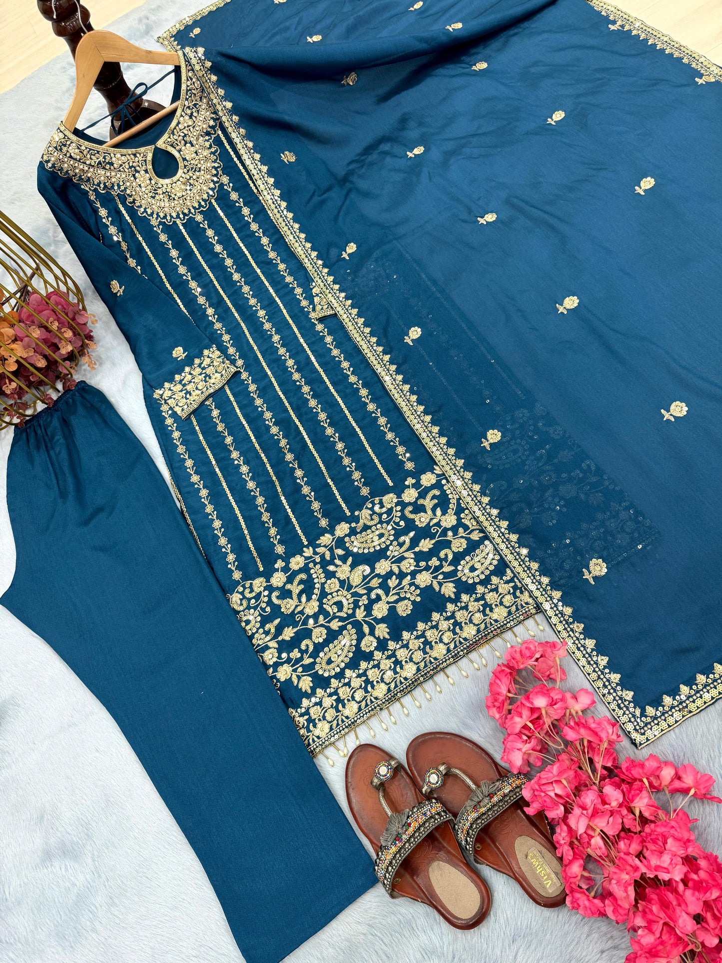 Blue Color Beautiful Partywear Dress IN Chinon Fabric