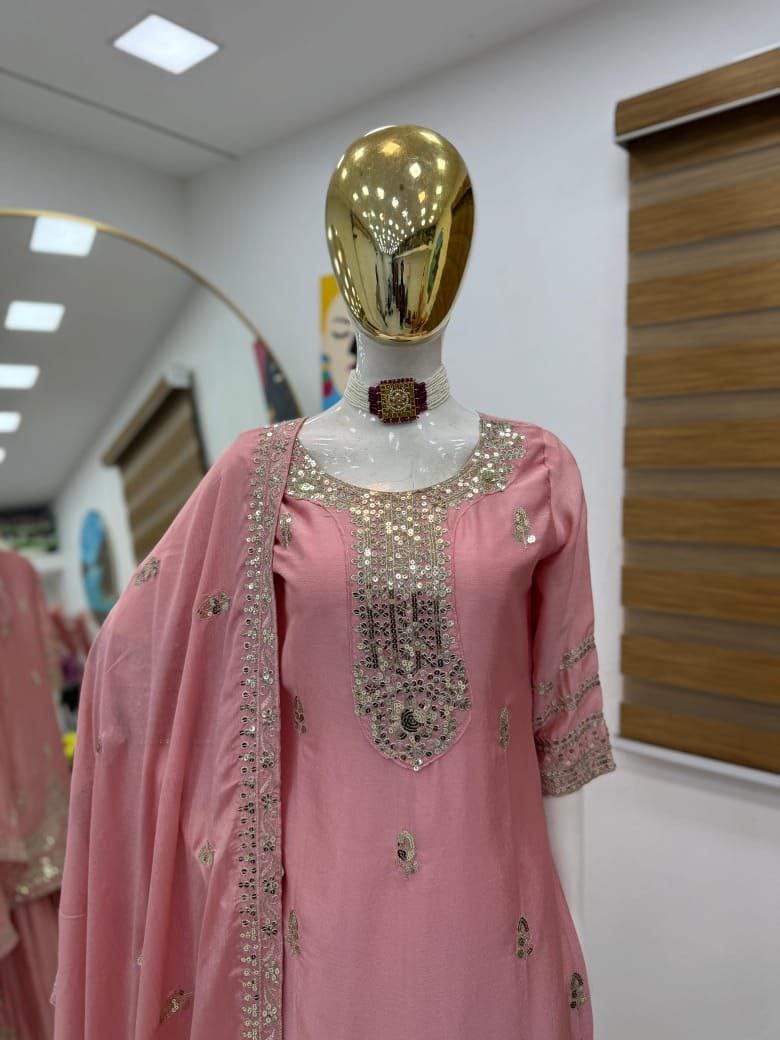 Designer Party Top Pallazo & Dupatta Set in pink color