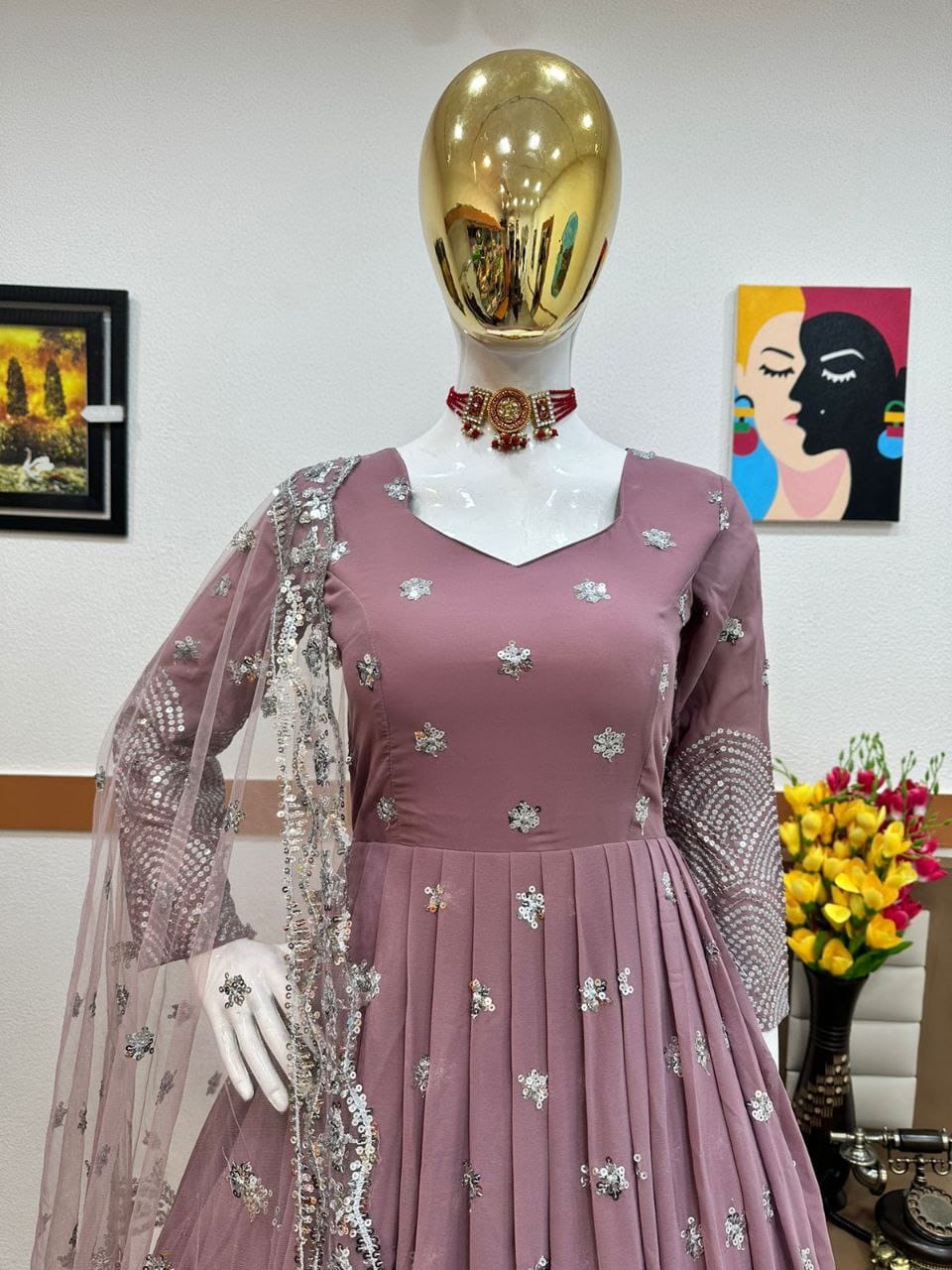 onion color beautiful anarkali gown in goergette fabric