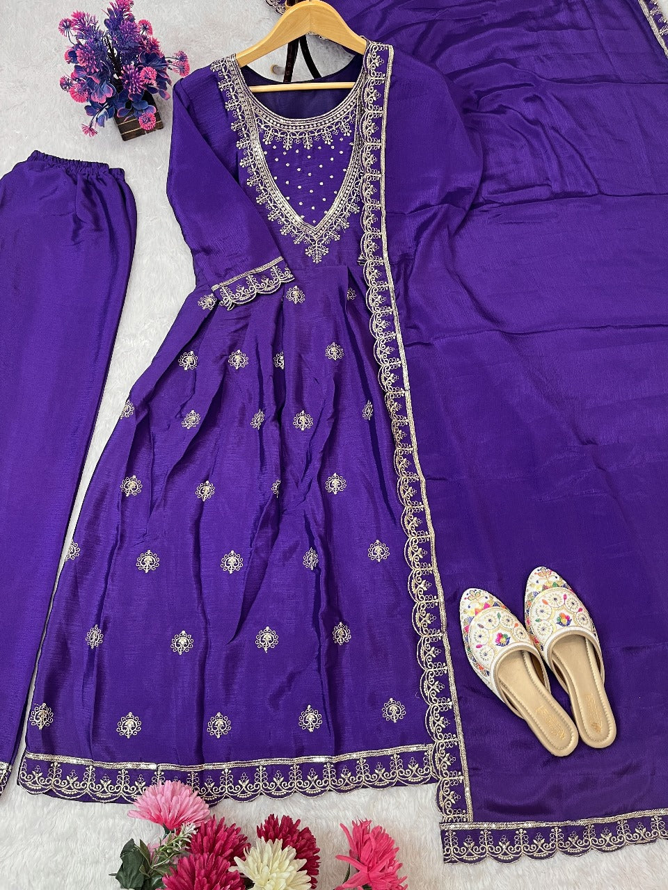 Purple Color Traditional Dress in Chinon Fabric