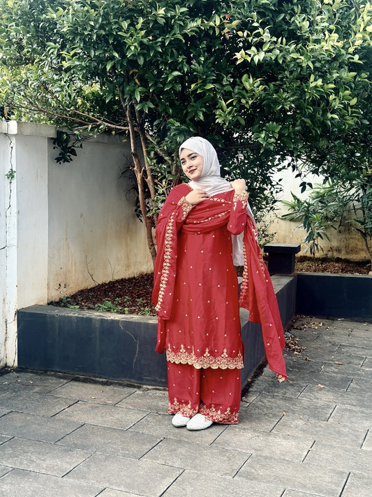 Red Color Festival Wear Dress in Chinon Silk Fabric