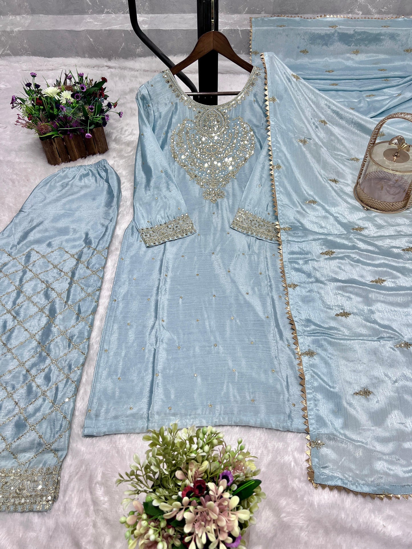 Sky Blue Color Beautiful PArtywear Dress in Chinon Fabric