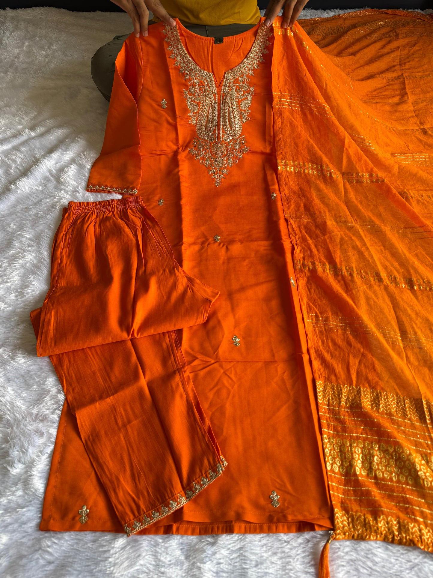 orange colour beatiful office wear dress in silk fabric