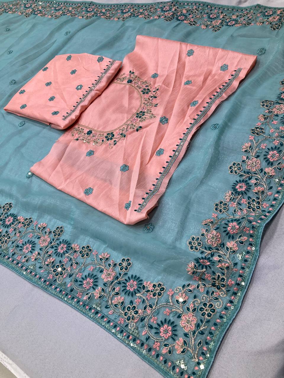 Sky BLue Color Beautiful Curnchy silk saree