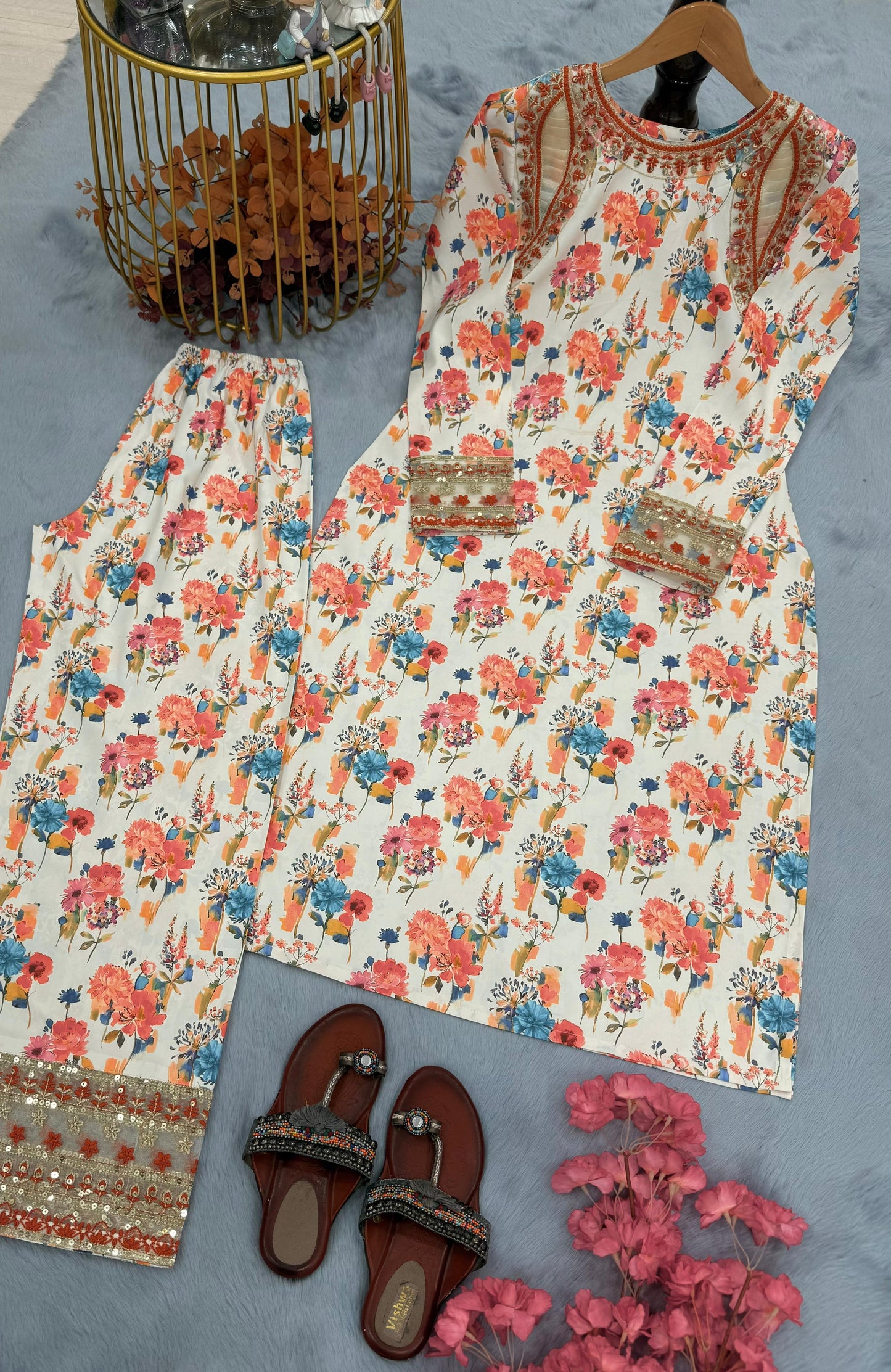party wear look pur natural crepe printed & embroidered co-ords set