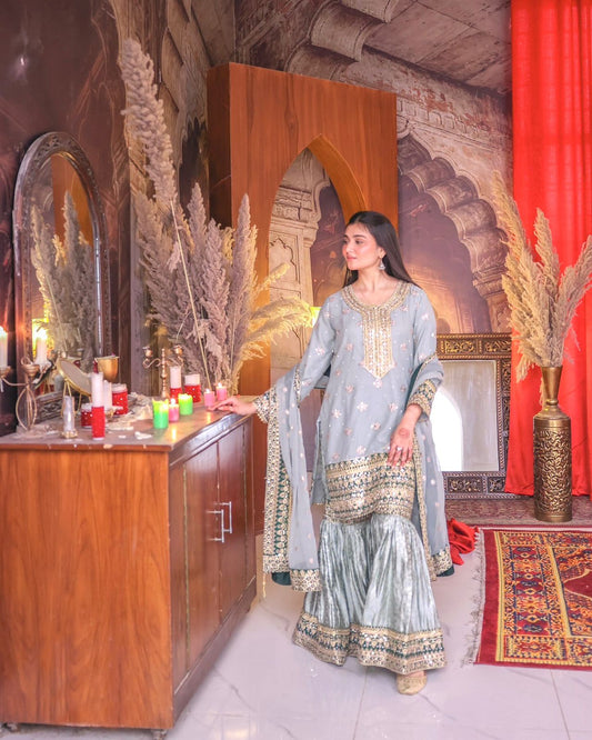 Ready To Wear Collection 3 Piece Trending Fancy Kurti With Beautiful Sharara And Dupatta