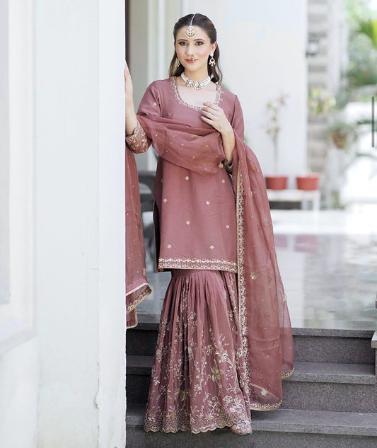 Chinon Top-Sharara And Dupatta Set Fully Stitched Ready To Wear