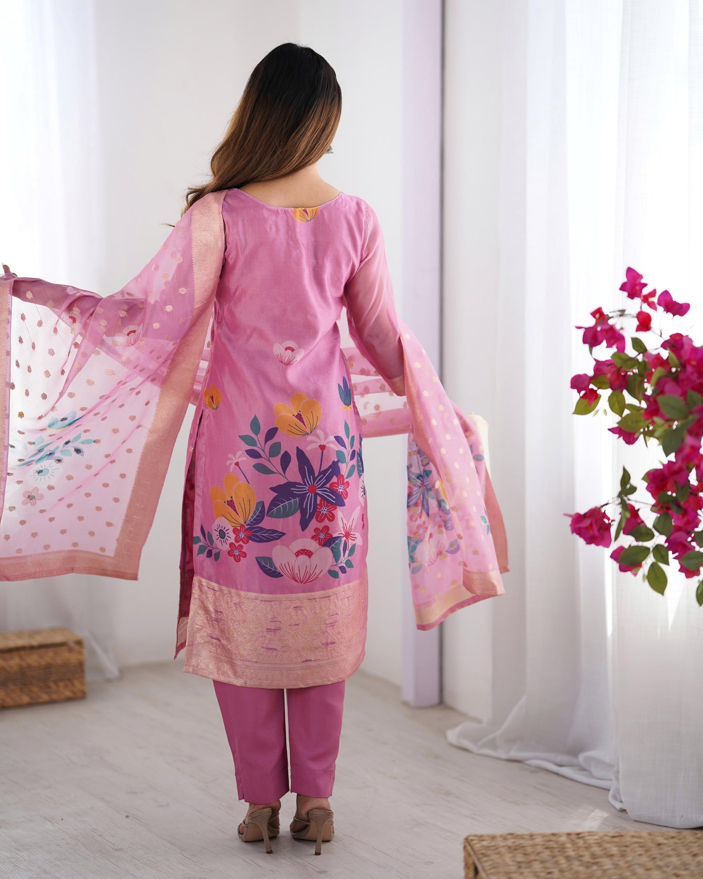 Pink Color Beautiful Chanderi Silk FAbric Dress