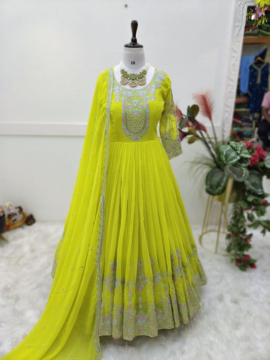 Yellow Color Beautiful Partywear Georgette gown