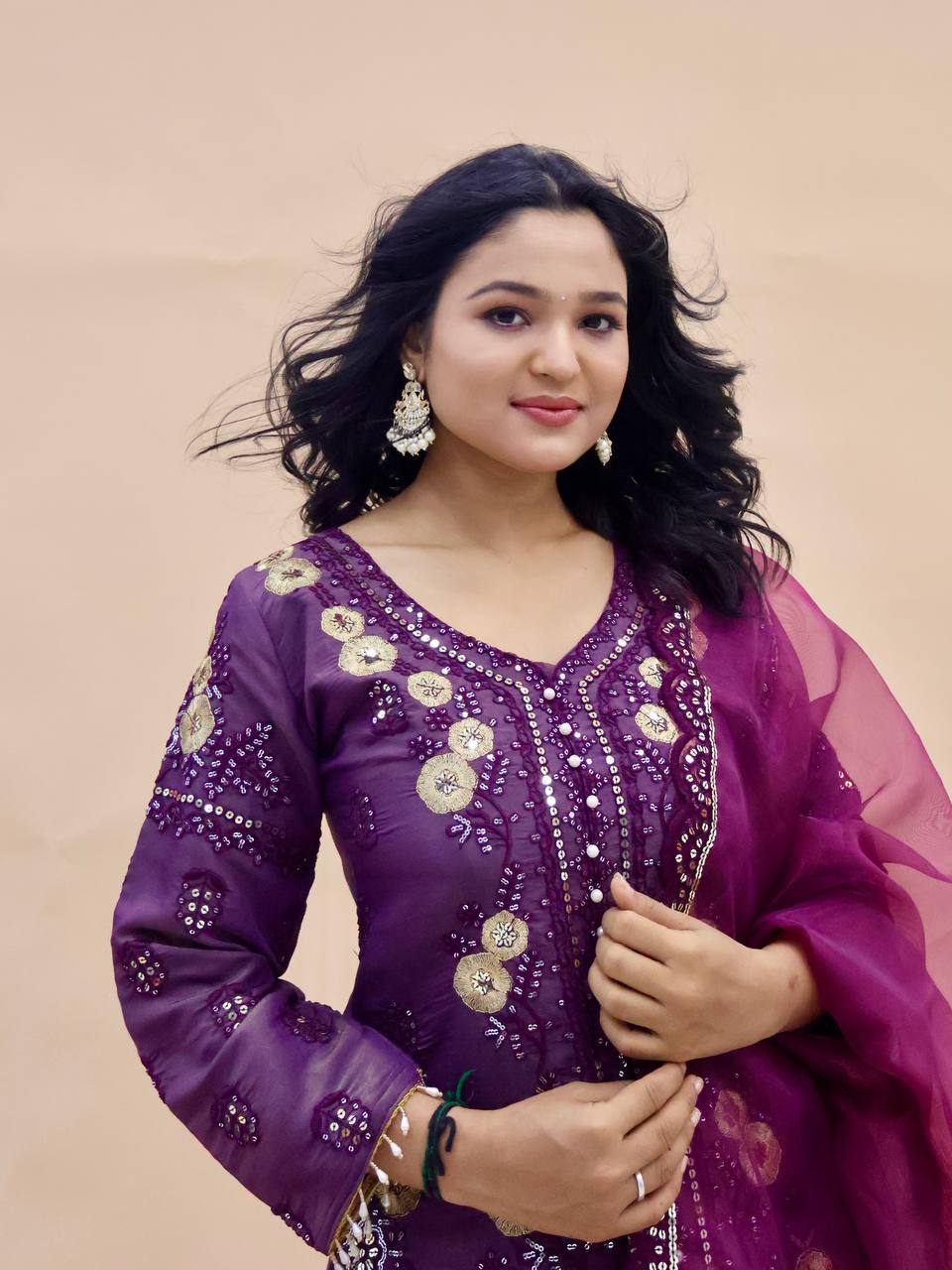 Designer Party Top Pallazo & Dupatta Set in purple color