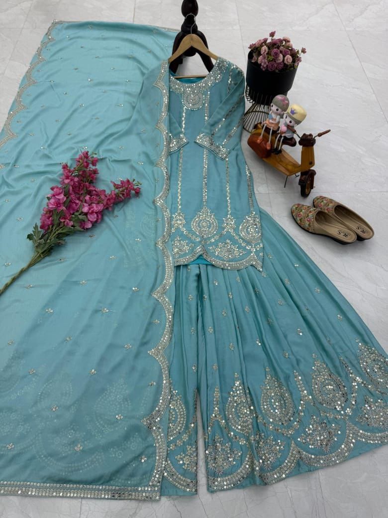Designer Party Top Pallazo & Dupatta Set in sky blue color