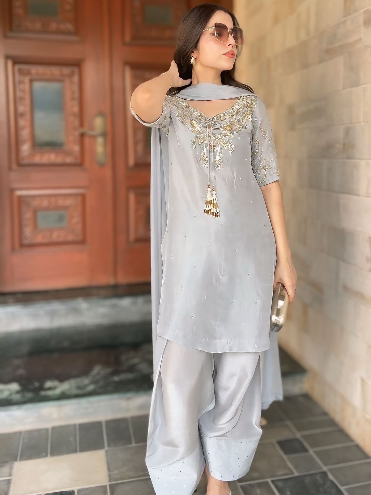 Party Wear Look Pur Natural Crepe Top & Farshi Palazzo With Dupatta Set