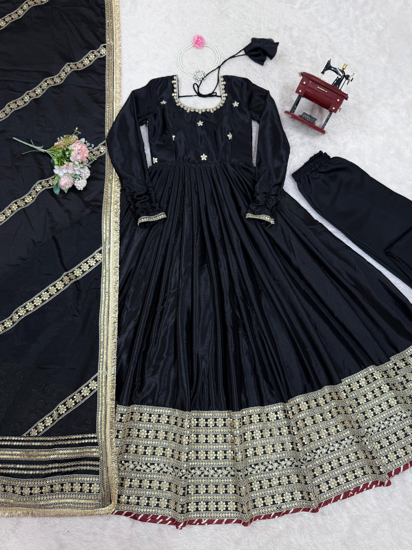 Black Color Beautiful Gown in Chinon Silk Fabric