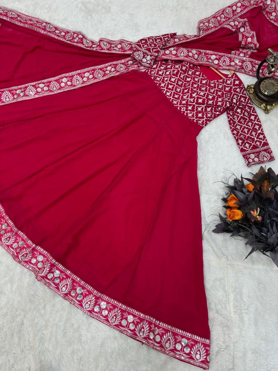 Red color gown in georgete fabric