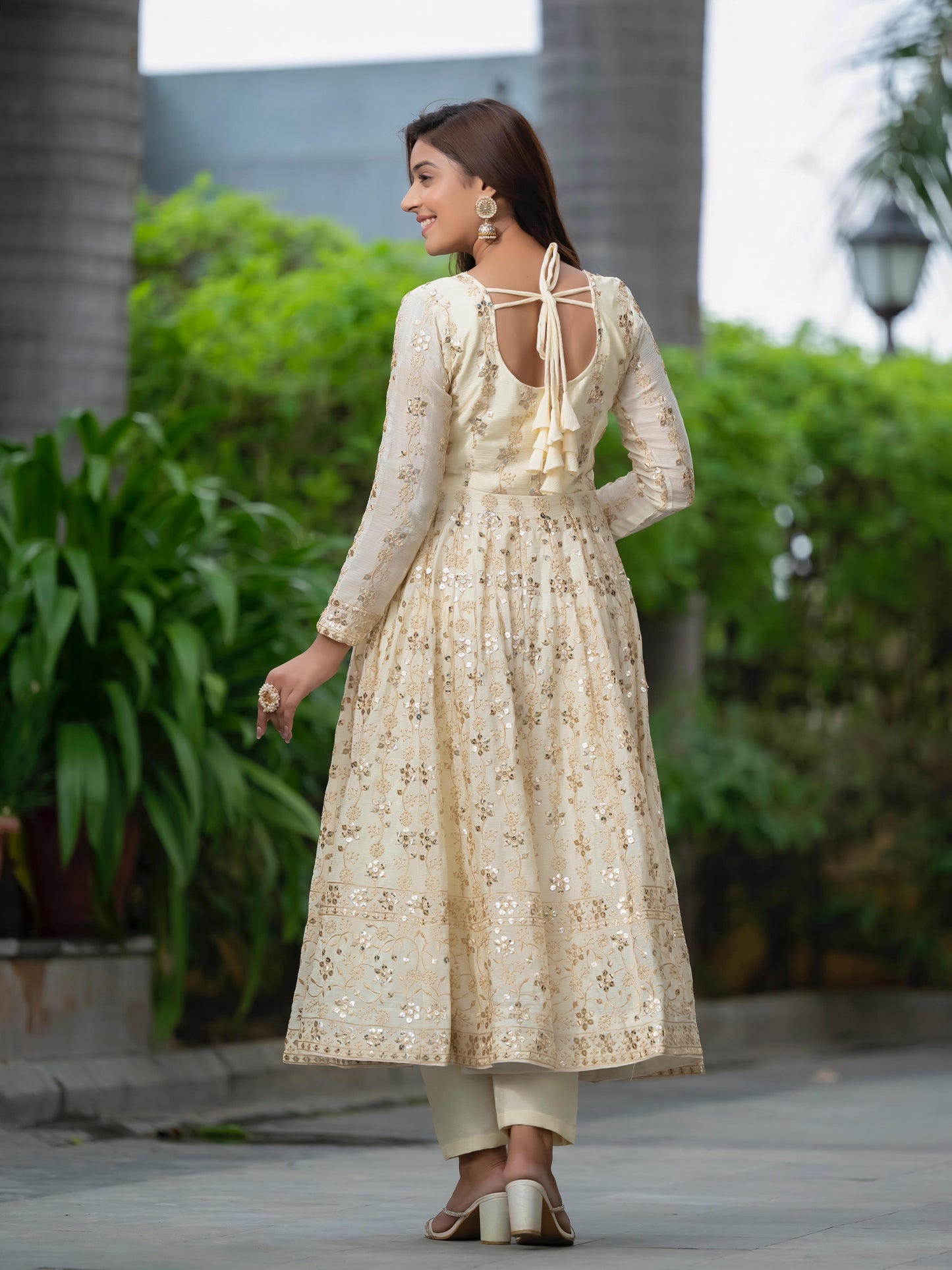 White Cream Color Beautiful Partywear Dress in Chinon Fabric