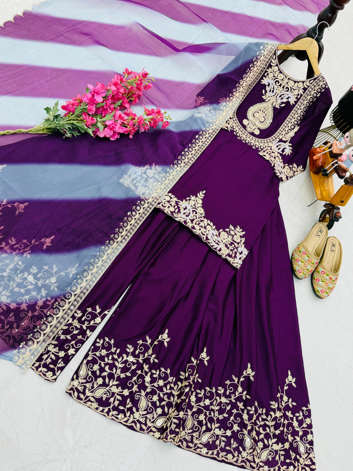 Purple Color Partywear Sharara Suit in chinon silk fabric