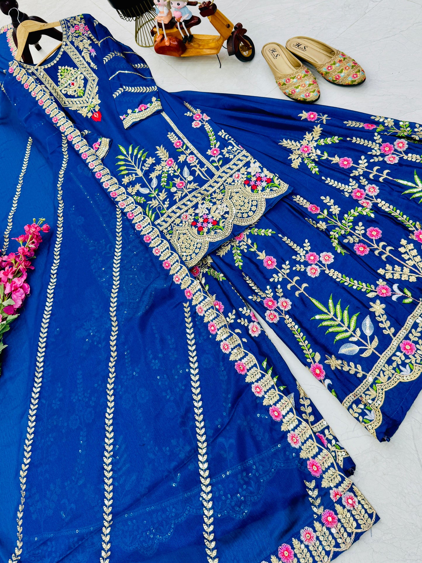 designer party sharara suit & dupatta set in blue color