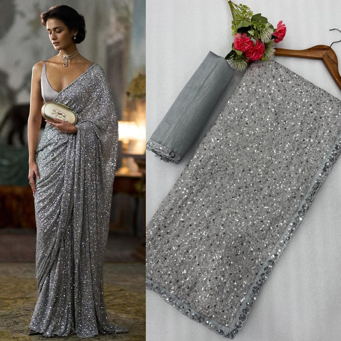 grey Color Partywear Saree in Georgette Fabric
