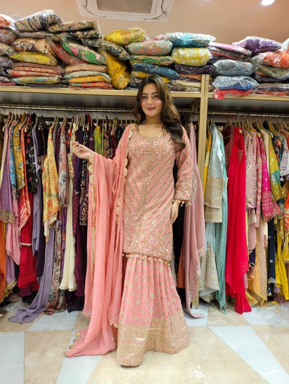 Pink Color Plazo suit in Goergette fabric