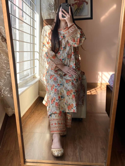 party wear look pur natural crepe printed & embroidered co-ords set