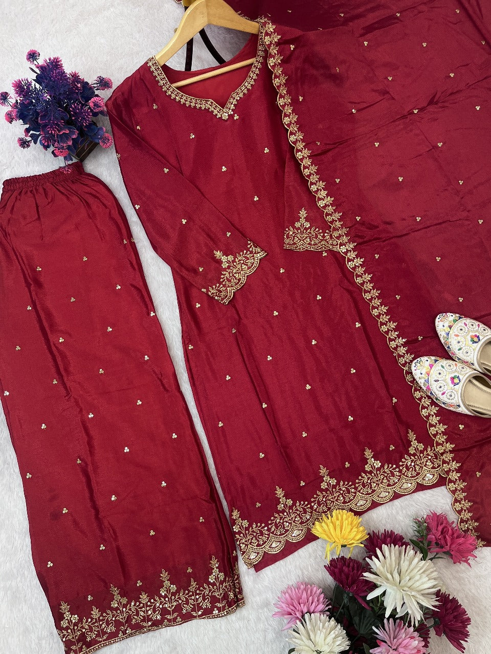 Red Color Festival Wear Dress in Chinon Silk Fabric