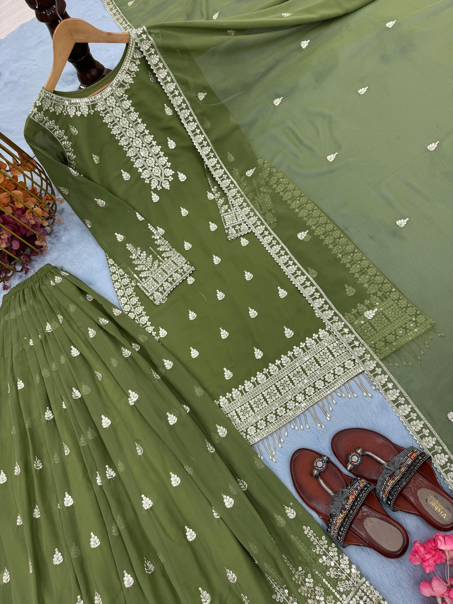 Green Color Beautiful Readymade Top Plazzo & Dupatta