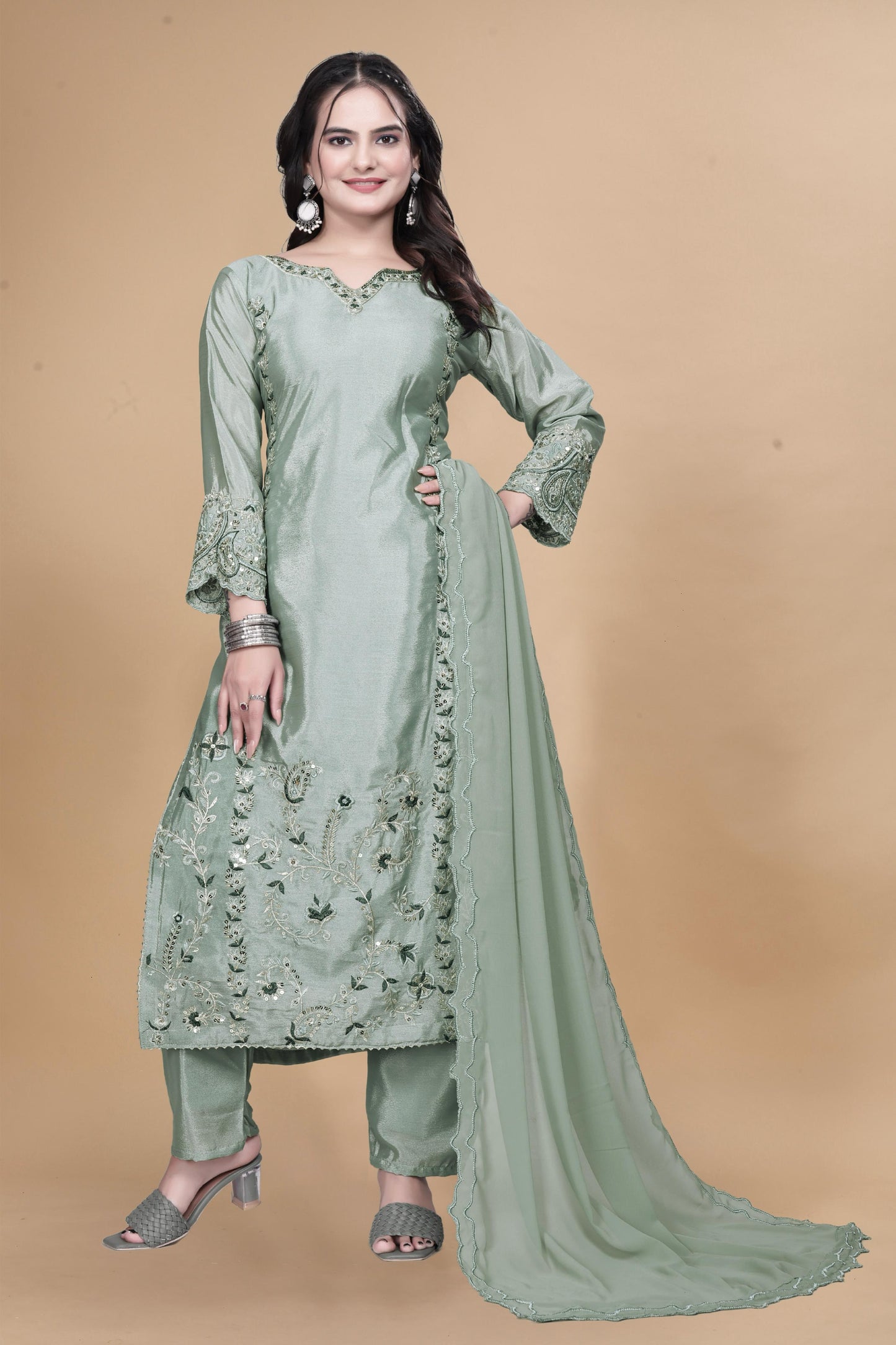 Traditional Collection 3 Piece Long Kurti With Bottom And Beautiful Dupatta