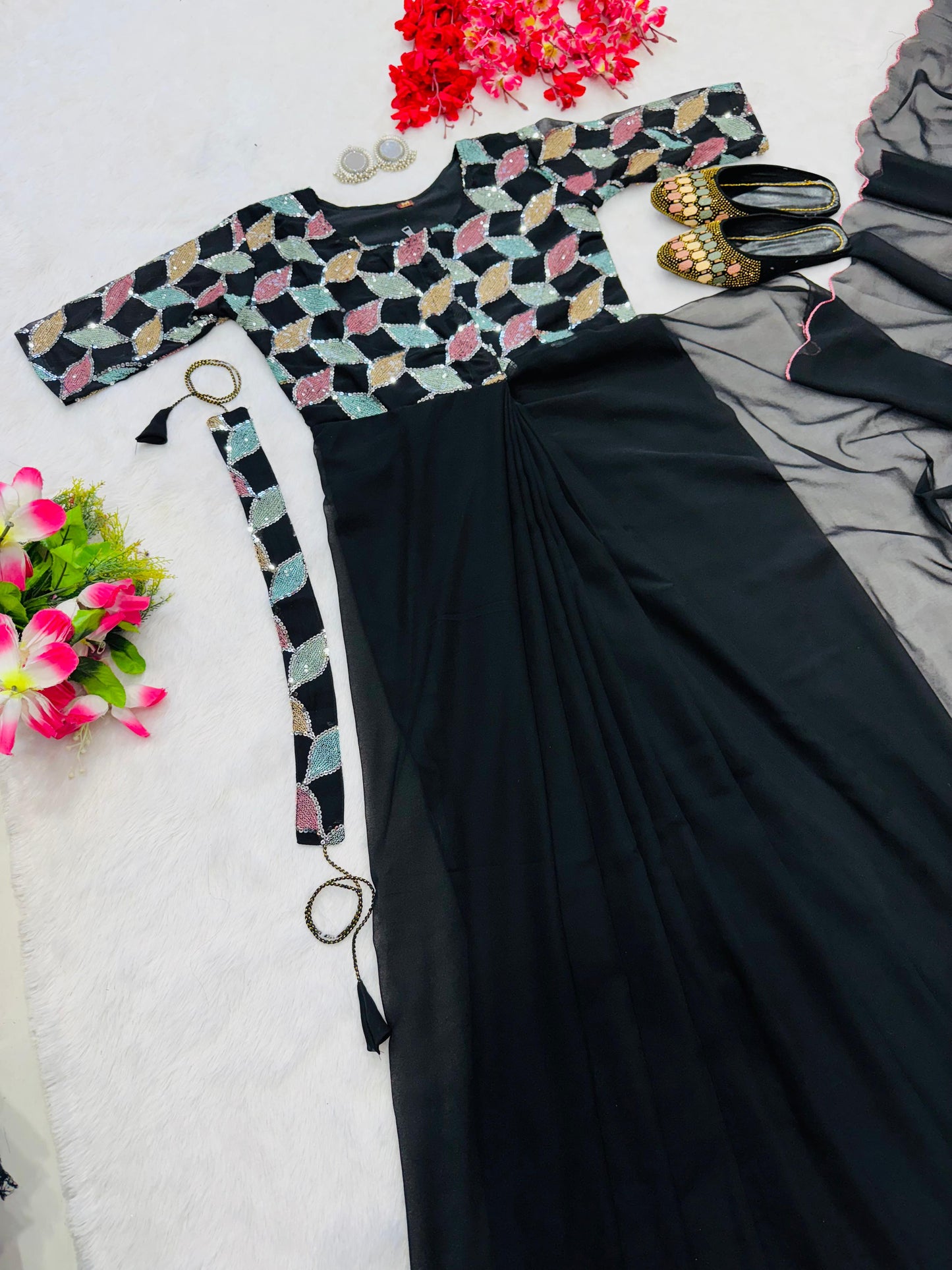 black color beautiful trending zip nd go embroidery saree