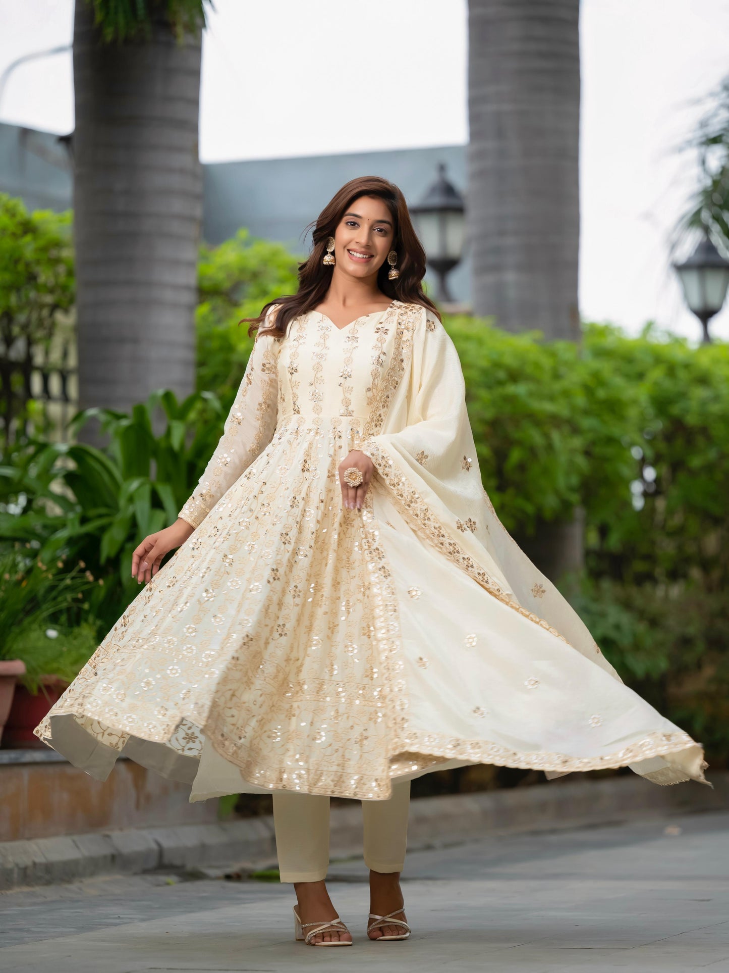 White Cream Color Beautiful Partywear Dress in Chinon Fabric