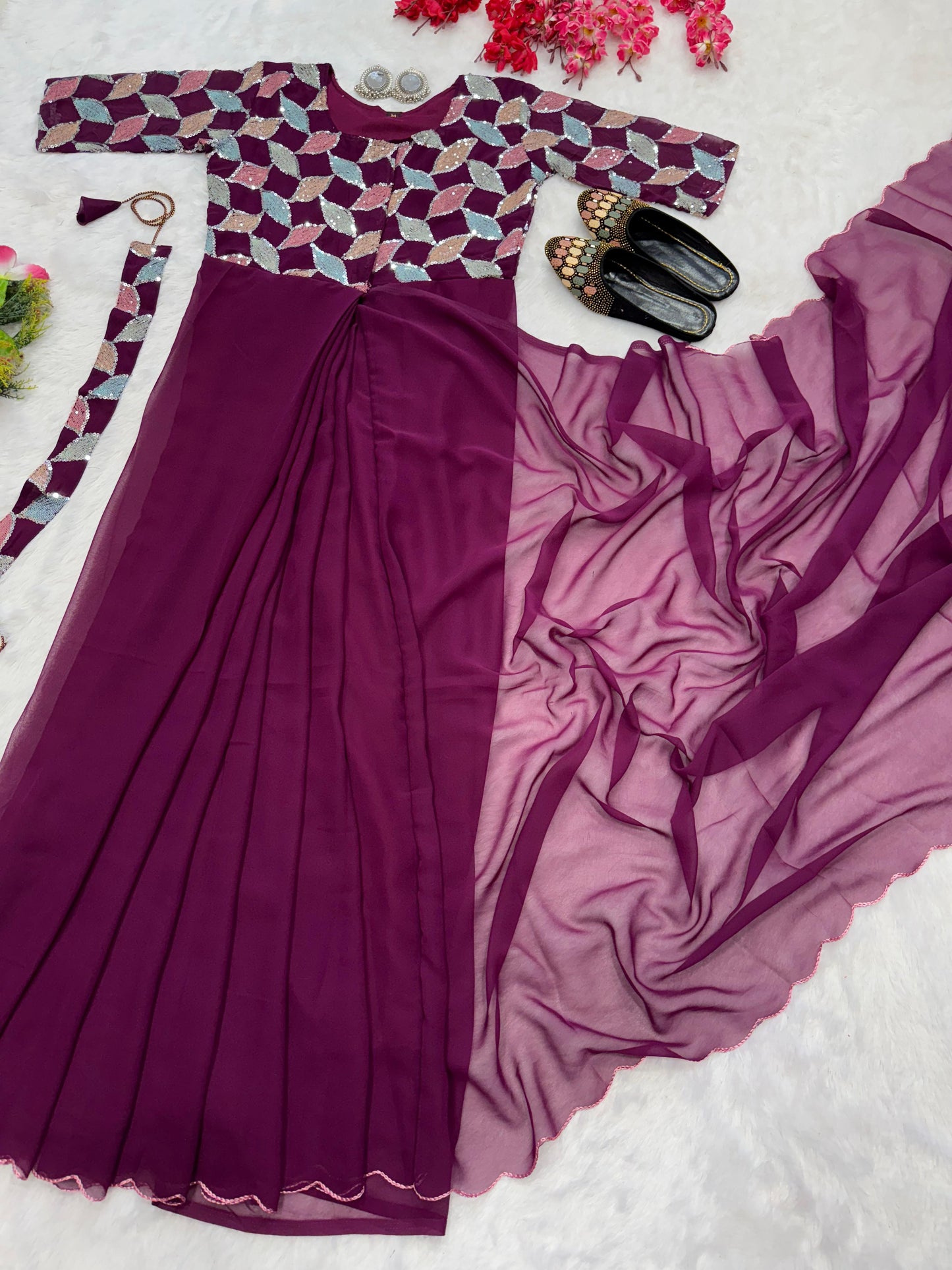 Purple color beautiful trending zip nd go embroidery saree