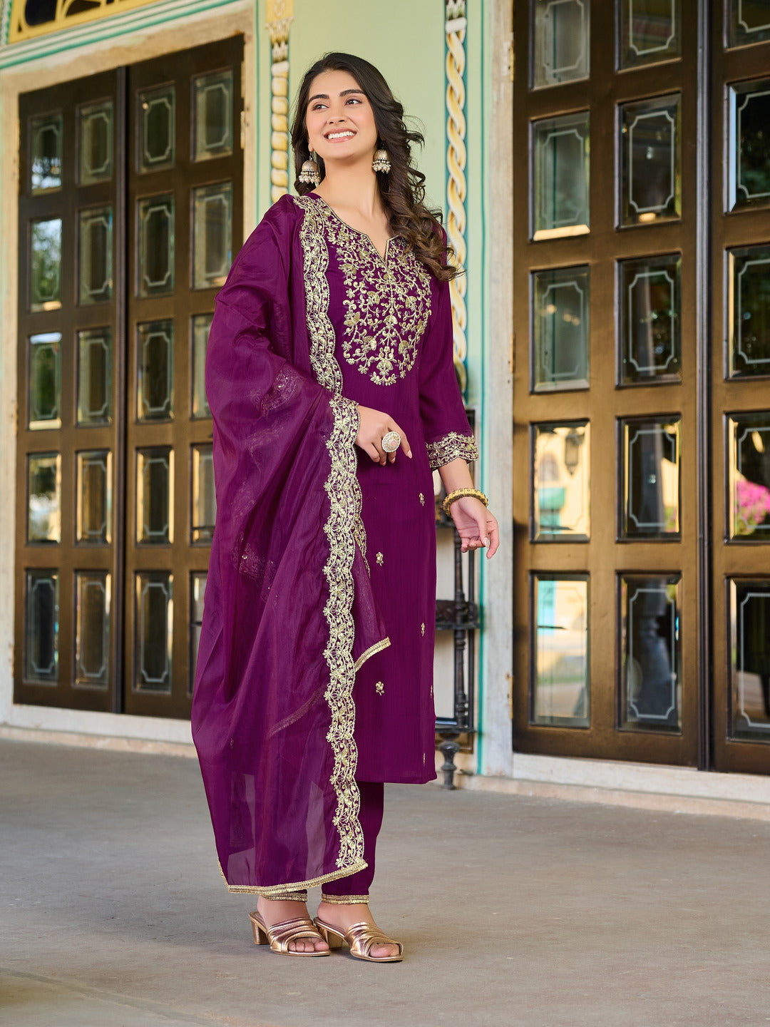 Purple Color Beautiful Partywear Silk Dress