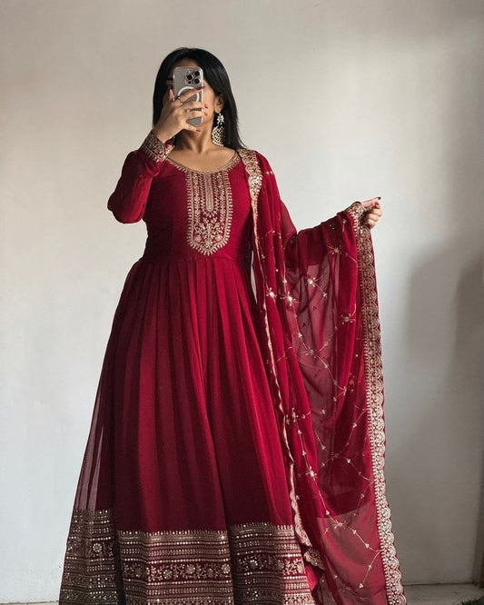 Designer Party Gown & Dupatta Set in Red Color