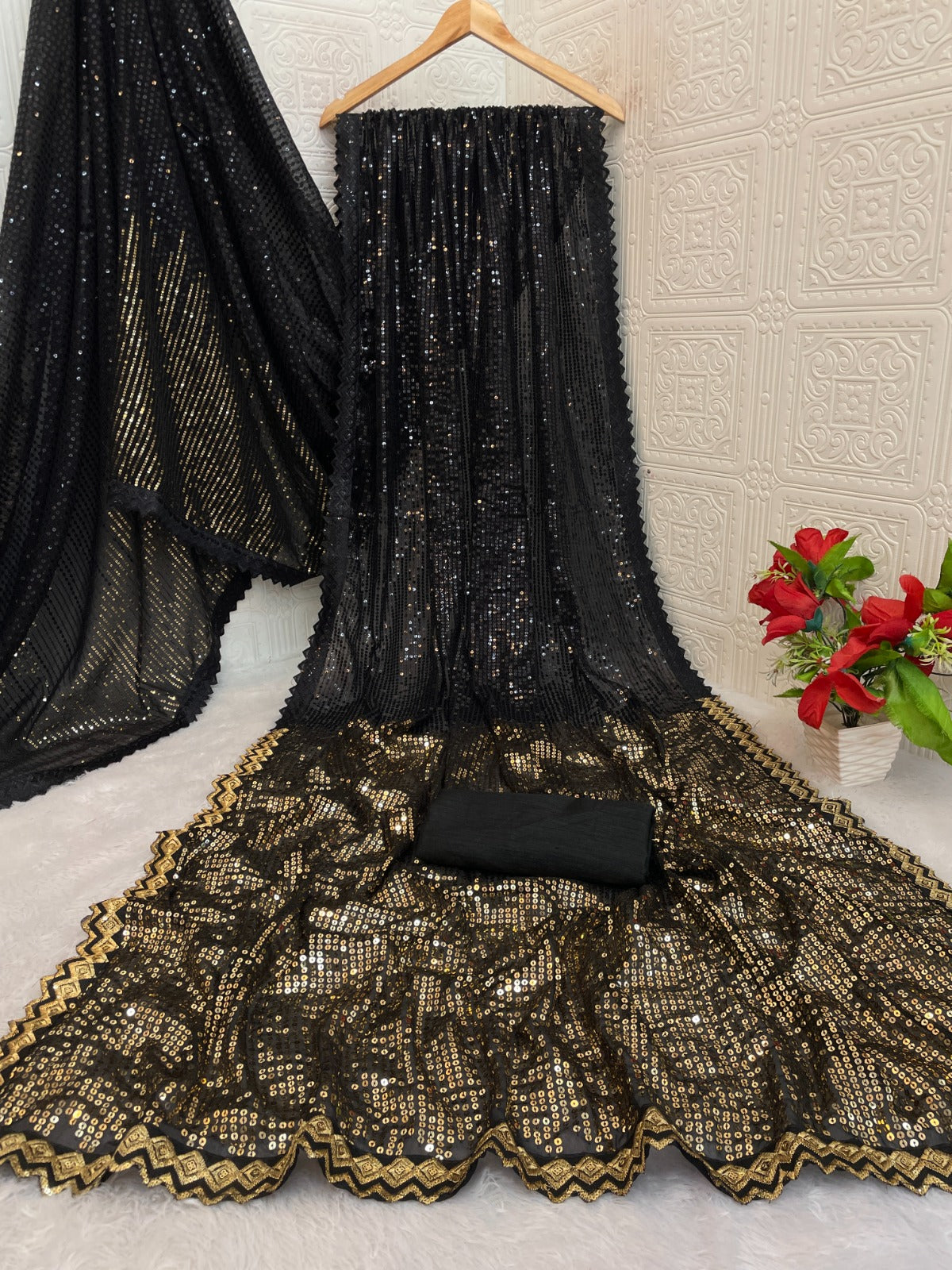 Black Color Beautiful Partywear Georgette Fabric Saree