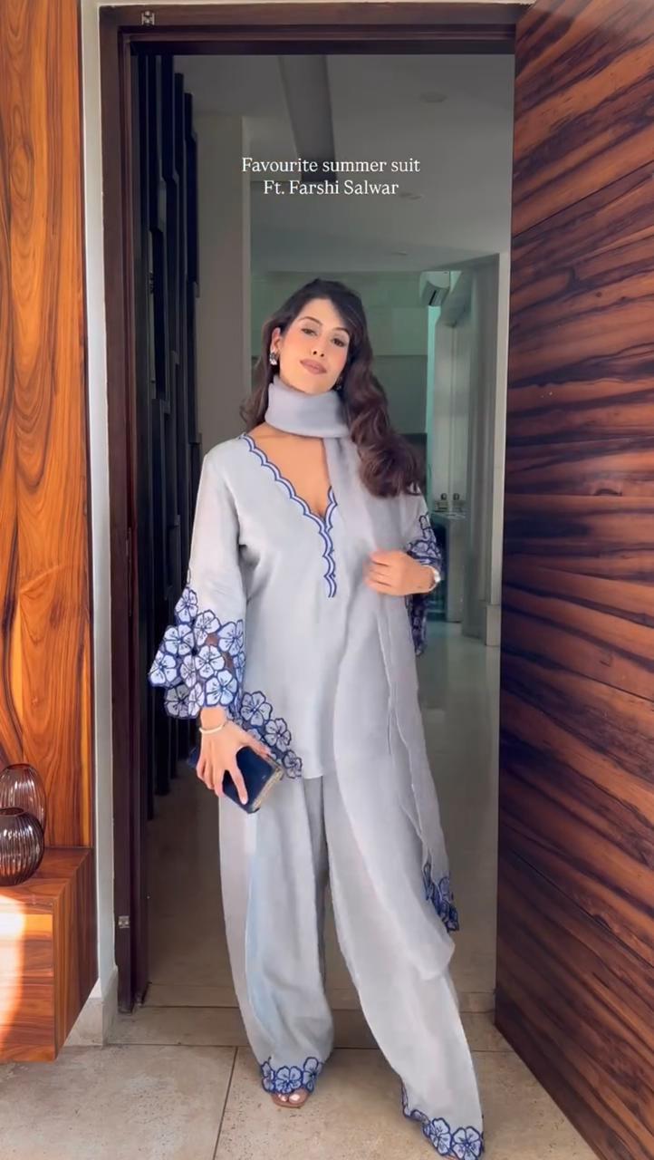 Party Wear Look Pure Natural Crepe Top & Farshi Palazzo With Dupatta Set in grey color